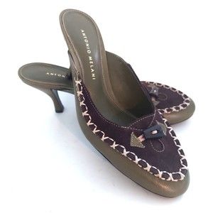 Antonio Melani 6.5 Mule Low Heel Pump Shoe Green Leather Brown Suede